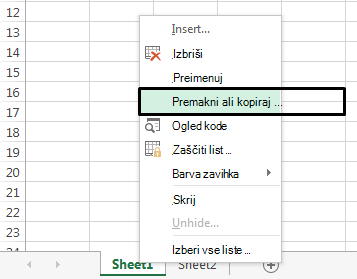 Meni z desno tipko miške za zavihek