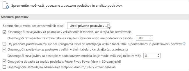 Urejanje privzete postavitve vrtilne tabele iz datoteke > Možnosti > podatkov