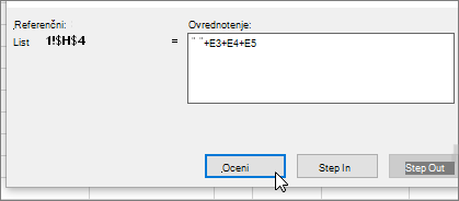 Pogovorno okno »Ovrednoti formulo« z kombinacijo +E3+E4+E5