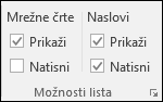 Možnosti > lista »Postavitev > strani« Natisni naslove