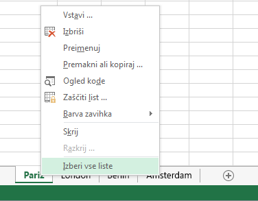 V priročnem meniju je bila izbrana možnost »Izberi vse liste«.