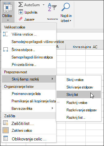 Skrivanje ali razkrivanje delovnih listov na domači strani. > Celice > Oblika > VIsibility > Skrij & Razkrij