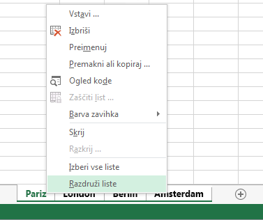 V priročnem meniju je bila izbrana možnost »Razdruži liste«.