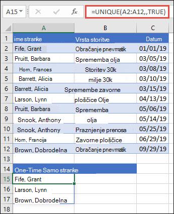 Uporaba funkcije UNIQUE z argumentom occurs_once, nastavljenim na true, da vrnete seznam imen, ki se pojavijo samo enkrat.