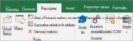 Zavihek »Razvijalec« na traku