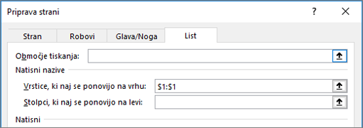 Zavihek »List« v pogovornem oknu »Priprava strani«