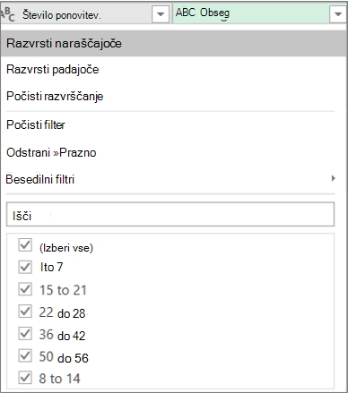 Posnetek zaslona, ki prikazuje uporabo samodejnega filtra za ogled ustvarjenih obsegov.