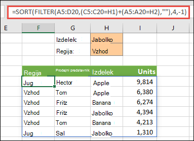 Sočasna uporaba funkcije FILTER in SORT – filtriranje po izdelku (Jabolka) ALI po regiji (Vzhod)