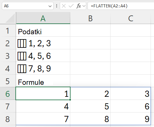 Uporaba funkcije FLATTEN v stolpcu celic, od katerih vsaka vsebuje ugnezdeno vrstico, tako da ustvarite ravno mrežo tri krat tri krat tri