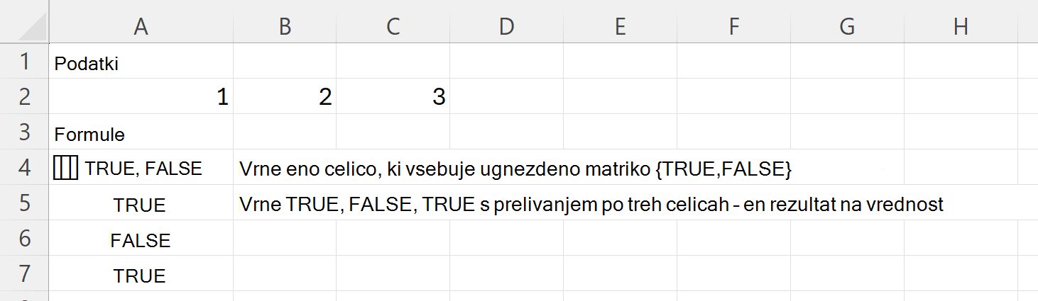 HAS vrne TRUE in FALSE v eni ugnezdeni celici s polji in tri celice navzdol TRUE, FALSE, TRUE