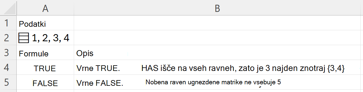 HAS najde 3 znotraj ugnezdenega polja in vrne TRUE; iskanje 5 vrne FALSE.
