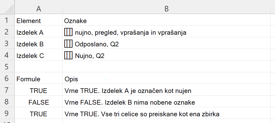 Uporaba funkcije HASANY za preverjanje, ali celica z ugnezdeno matriko oznak vsebuje katero od izbranih oznak