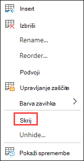 Skrivanje zavihka v Excelu za splet.