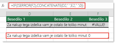 Uporaba funkcij IF in ISERROR kot nadomestna rešitev za združevanje niza z napako #VALUE!