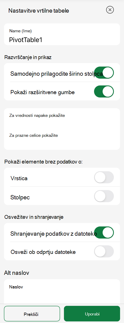 Podokno z nastavitvami vrtilne tabele v napravi iPad