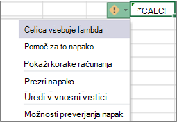 Sporočilo o napaki in spustni seznam za napako Lambda