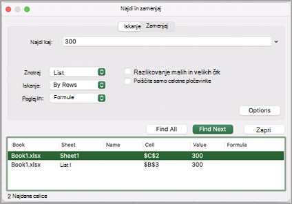 Najdi vse spustni zaslon