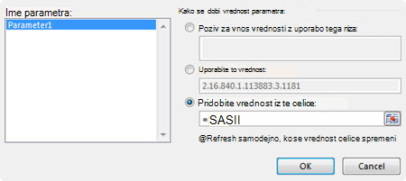 Pogovorno okno parametra poizvedbe MS