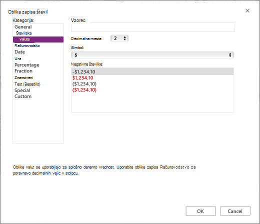Currency option in Number format screen
