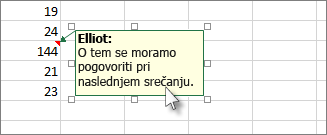 Kliknite rob polja pripombe, da ga premaknete ali spremenite njegovo velikost