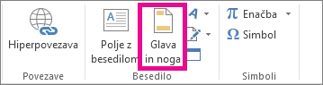 Možnost glave & noge na zavihku »Vstavljanje«