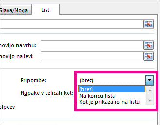 Na zavihku »List« izberite možnost v razdelku »Pripombe«