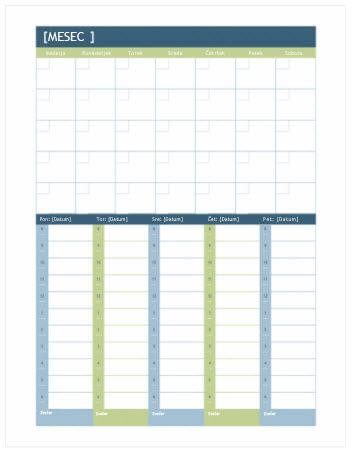 Calendar za mesečno in tedensko načrtovanje (Word)