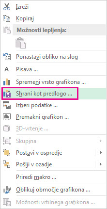 Posnetek zaslona, ki prikazuje ukaz »Shrani kot predlogo« v priročnem meniju.