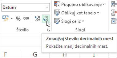 Gumb »Zmanjšaj število decimalnih mest«
