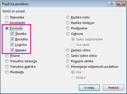 Možnosti za iskanje formul v polju »Pojdi na posebno«
