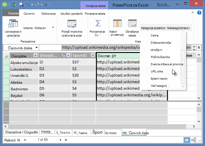 Nastavitev kategorije podatkov v dodatku PowerPivot