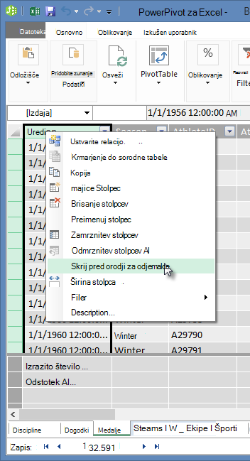 kliknite z desno tipko miške, da onemogočite prikaz polj tabele v orodjih za odjemalce v Excelu