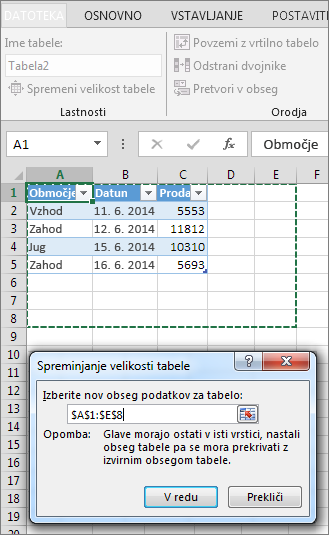 Spreminjanje velikosti tabele