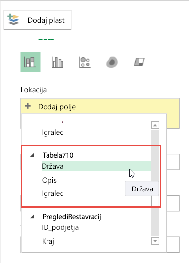 Dodajanje lokacije v podoknu s plastmi