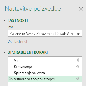 Posnetek zaslona, ki prikazuje stolpec združevanja Power Query iz okna s primeri uporabljenih korakov.