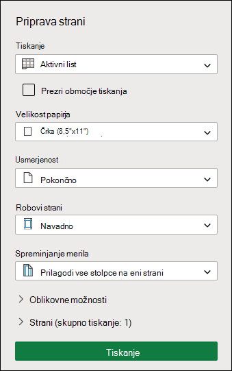 Zaslon za nastavitev tiskanja