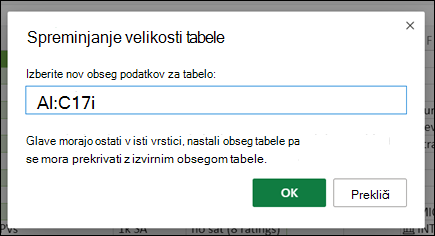 Pogovorno okno »Spreminjanje velikosti tabele«