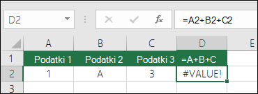 Primer slabo sestavljene formule. Formula v celici D2 je =A2+B2+C2