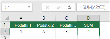 Pravilna zgradba formule. Namesto formule =A2+B2+C2 je v celici D2s formula =SUM(A2:C2)