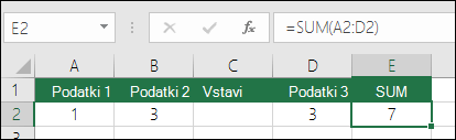 Primer prikazuje formulo SUM, ki se samodejno razširi iz =SUM(A2:C2) v =SUM(A2:D2), ko je vstavljen stolpec