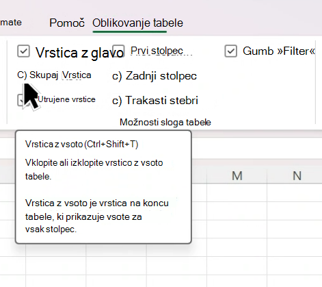 Kazalec kazalec miške premakne na potrditveno polje »Vrstica za vsoto« v meniju »Načrt tabele«