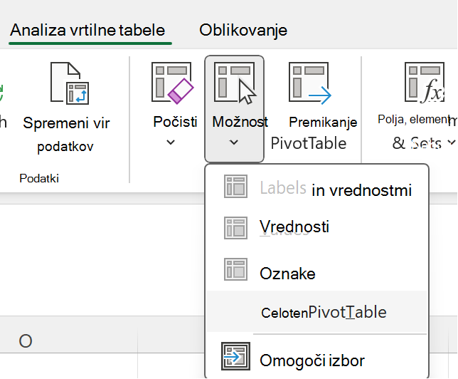 Izberite gumb »Celotna vrtilna tabela« v sistemu Windows.