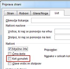 Zavihek »List« v pogovornem oknu »Priprava strani«