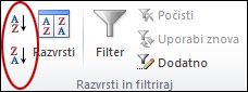 Gumbi za razvrščanje v skupini Razvrsti & filtriraj na zavihku Podatki v Excelu