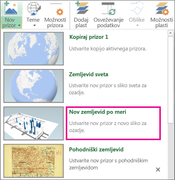 Gumb »Nov zemljevid po meri« v galeriji novih prizorov