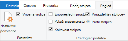 Možnosti profiliranja podatkov na zavihku »Pogled« na traku urejevalnik Power Query