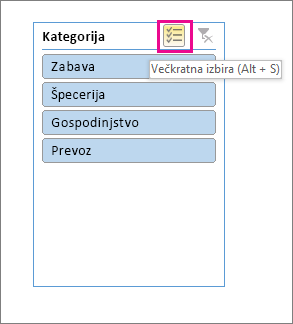 Možnosti razčlenjevalnika z označenim gumbom za večkratno izbiro