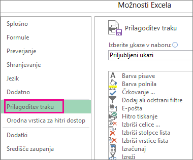 Možnosti > datoteke > Prilagajanje traku