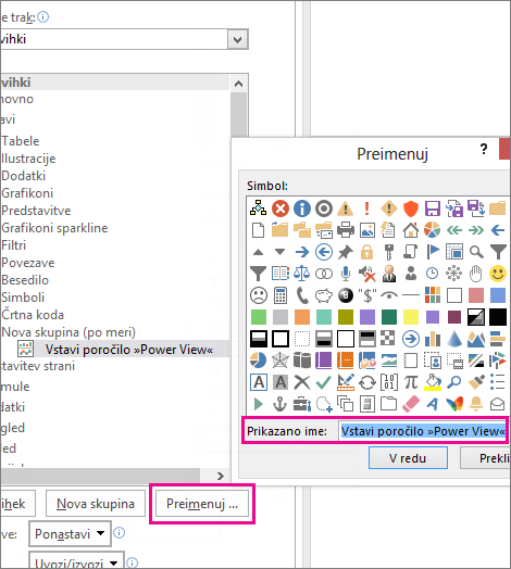 Gumb za preimenovanje v pogovornem oknu za prilagoditev traku