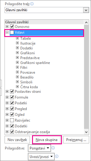 Gumb za novo skupino v Excelovih možnostih za prilagoditev traku